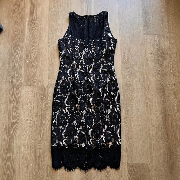 White House Black Market Size 0 Tan Dress With Black Lace Overlay - Picture 5 of 9
